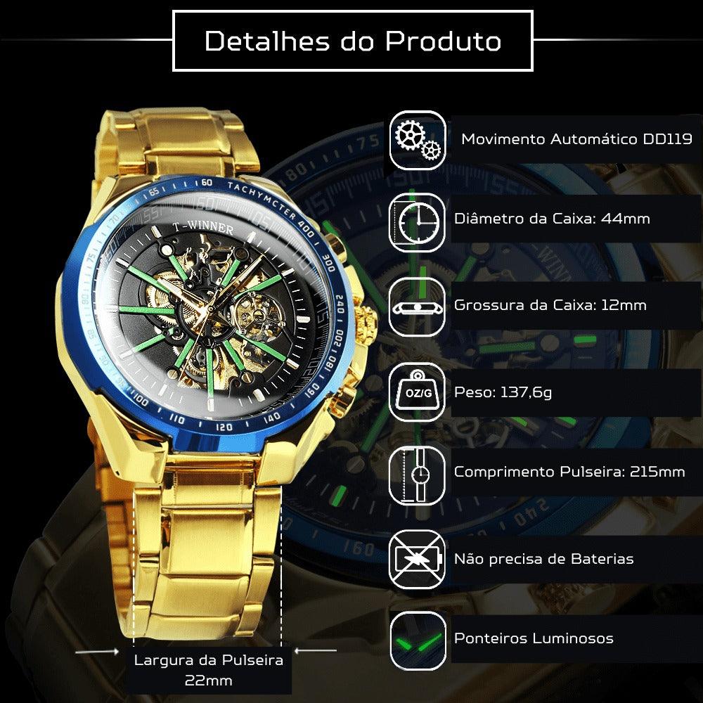Relógio Automático Luxury T-WINNER - Aço Inoxidável, Ponteiros Luminosos, Vidro de Cristal - Lojas Promorin